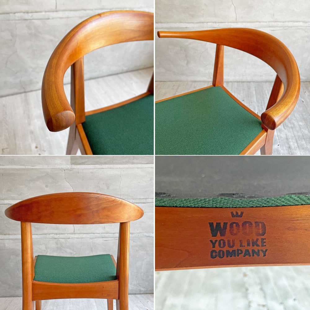 ウッドユウライクカンパニー WOOD YOU LIKE COMPANY アイチェア クッション AI CHAIR ハーフアームチェア チェリー無垢材 ファブリック グリーン 座面張替済 B ♪