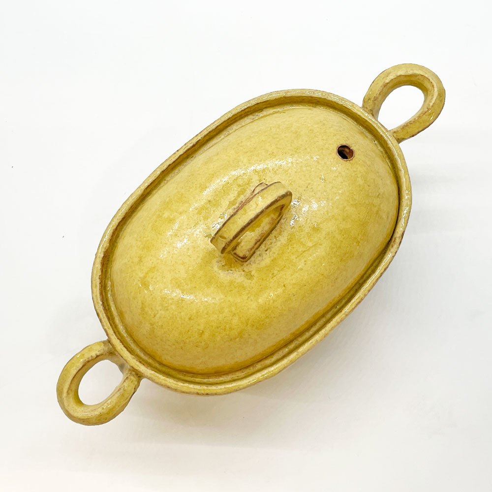 小川佳子 Yoshiko Ogawa 耐熱鍋 土鍋 蓋付 オーバル 楕円 陶器 直火可 W24cm 現代作家 A ★