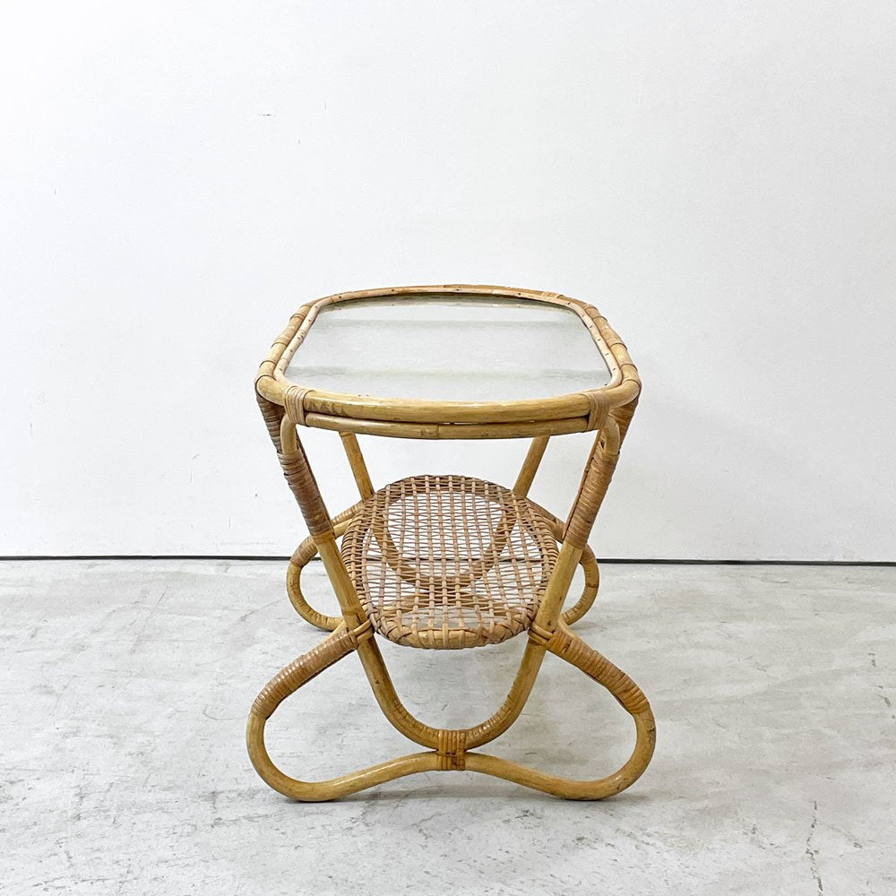 UKビンテージ Vintage ガラストップ ラタン コーヒーテーブル オーバル エッチングガラス ラック付き アンティーク 英国家具 ●