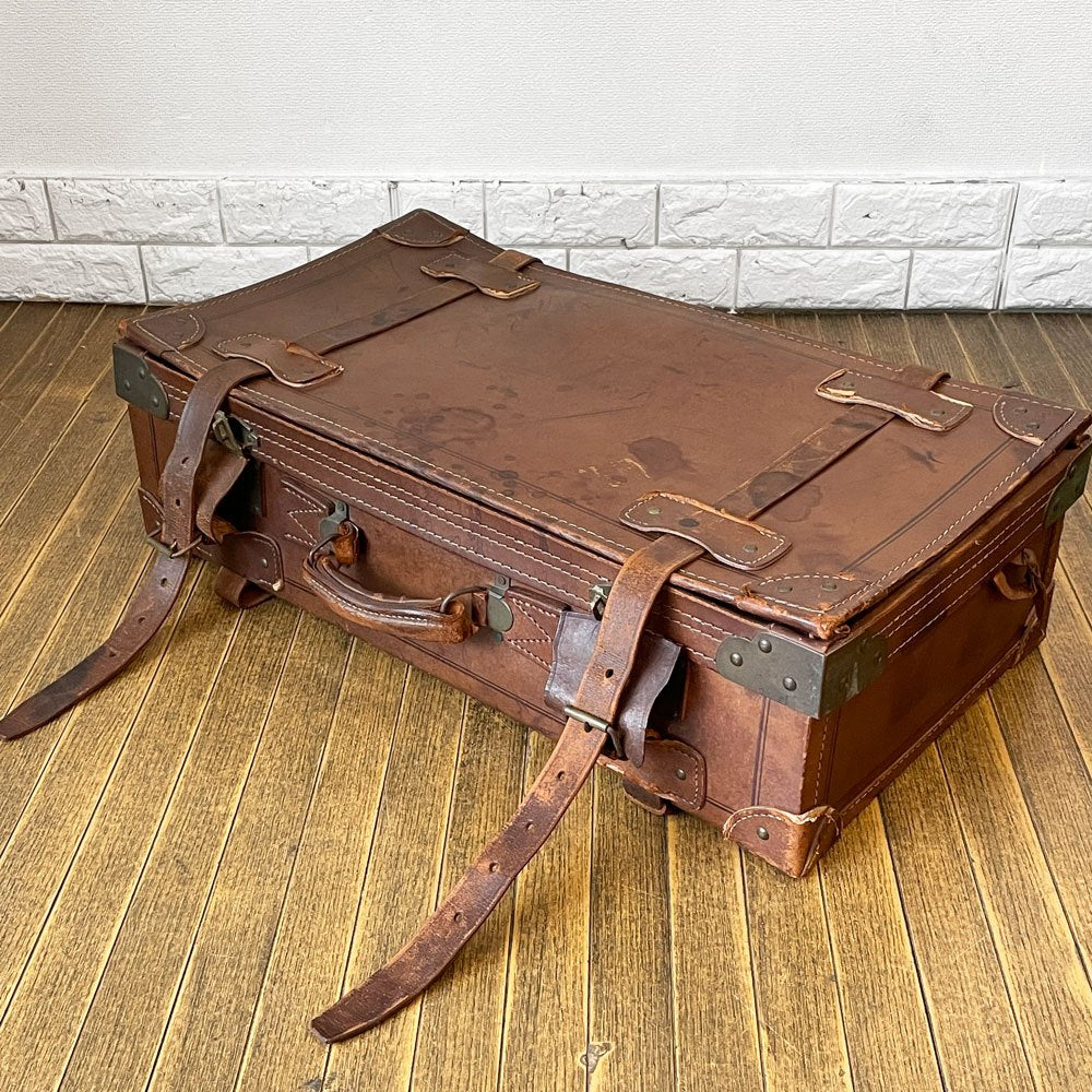 ビンテージ Vintage レザートランク スーツケース ストラップ留め ブラウン 店舗什器 鍵欠品 現状品 ◎