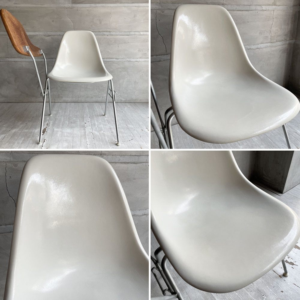 ハーマンミラー Herman Miller サイドシェルチェア セカンド 2nd ビンテージ FRP製 パーチメント スタッキングベース 肘掛けテーブル付 イームズ ミッドセンチュリー ♪
