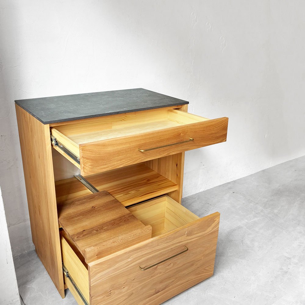 ヒダコレ家具 HIDA Collection キッチンボード ニレ材 セラミック天板 マーブル調 W75cm ホテルライク モダン オーダーファニチャー 国産家具 ★