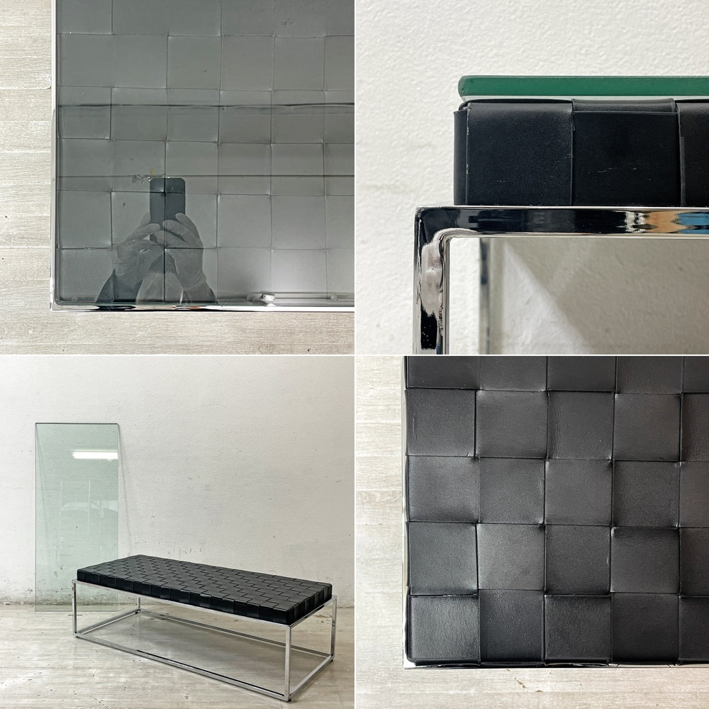 フライミーノワール FLYMEe Noir ローテーブル f571 ガラス天板×再生皮革ベルト スチール クローム仕上げ W113.5cm アジャスター付き モダンデザイン ●