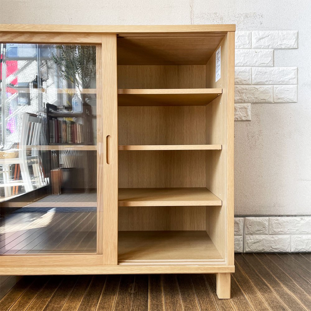 無印良品 MUJI オーク材 ガラスキャビネット 食器棚 キッチンボード ガラス扉 引き戸 W80cm ナチュラル 廃番 ◎