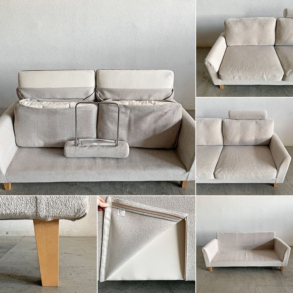 モモナチュラル MOMO Natural フォノ PHONO 3人掛けソファ カバーリングファブリック オフホワイト系 アルダー材脚 W176cm ヘッドレスト付 定価￥157,000-以上 〓