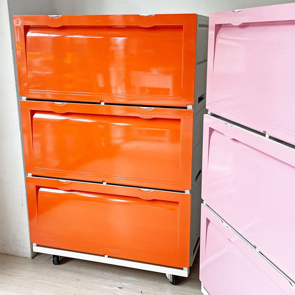 タッパーウェア Tupperware スーパーチェスト ワイド Super chest Wide 引出1段 ピンク 3段セット 専用カート付き ★