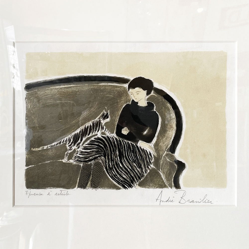 アンドレ・ブラジリエ Andre Brasilier 猫と婦人 リトグラフ 58×46.5cm 版画 EA/AP版 額装品 フランス ◎