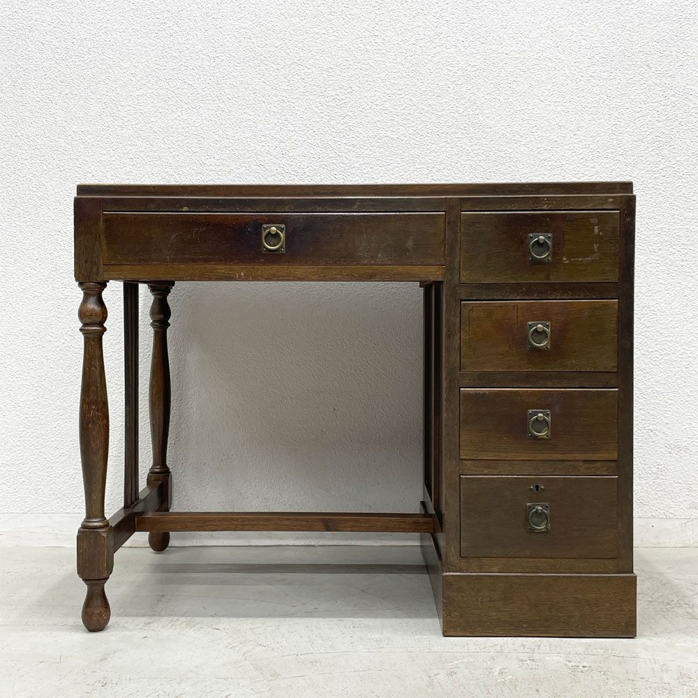 ジャパンビンテージ Japan Vintage 古い木味の片袖机 デスク 抽斗5杯 古家具 レトロ 〓