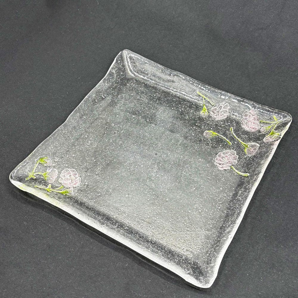 岡田多恵 ガラス 角皿 スクエアプレート パートドヴェール 花 24cm 現代作家 ●