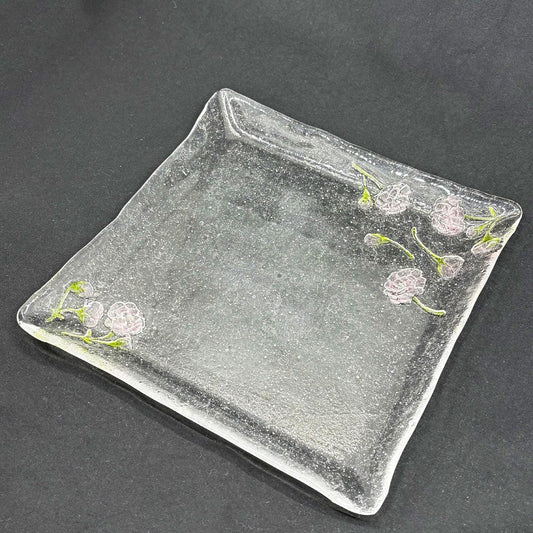 岡田多恵 ガラス 角皿 スクエアプレート パートドヴェール 花 24cm 現代作家 ●