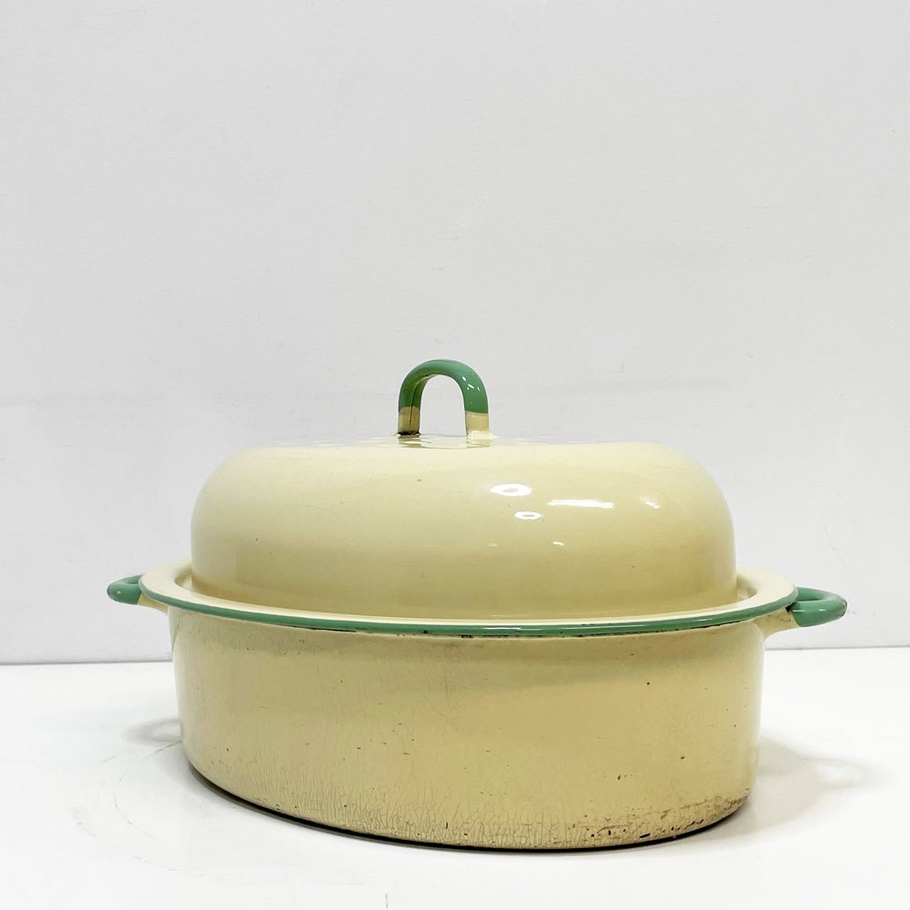 コクムス KOCKUMS ホーロー オーバル キャセロール W37cm ベージュ グリーン ビンテージ ●