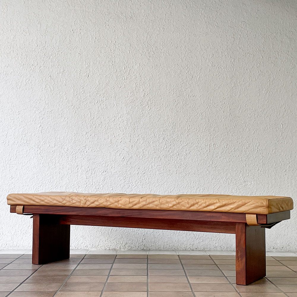 BC工房 チーク無垢材 ダイニングベンチ 本革 クッション付き 幅155cm 国産クラフト家具 ナチュラルモダン ◇