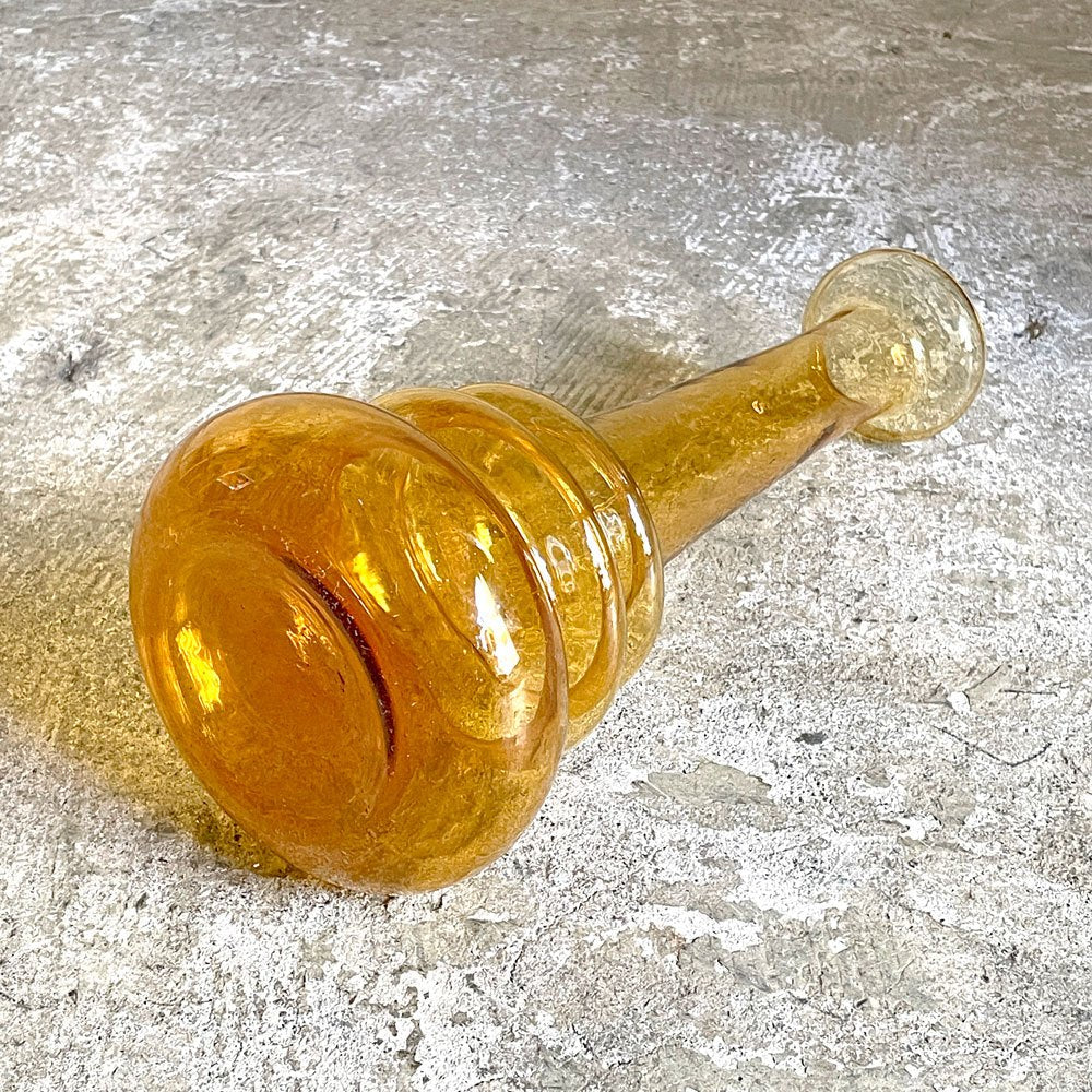 ビンテージ Vintage フラワーベース 手吹き アンバーガラス 琥珀色 リングネック ボトル型 花瓶 H29cm ■