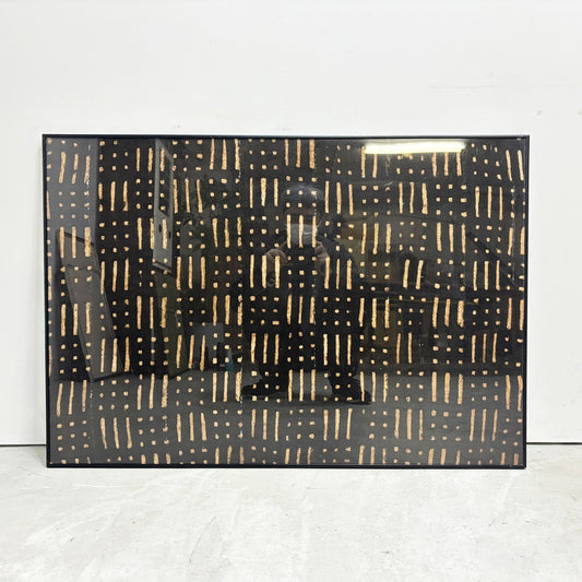 アフリカンファブリック ボロランフィニ 泥染め布 エスニック ボーダー×ドット ブラック×ベージュ 幾何学 パターン 布地 額装品 ポスター 壁掛けインテリア ●