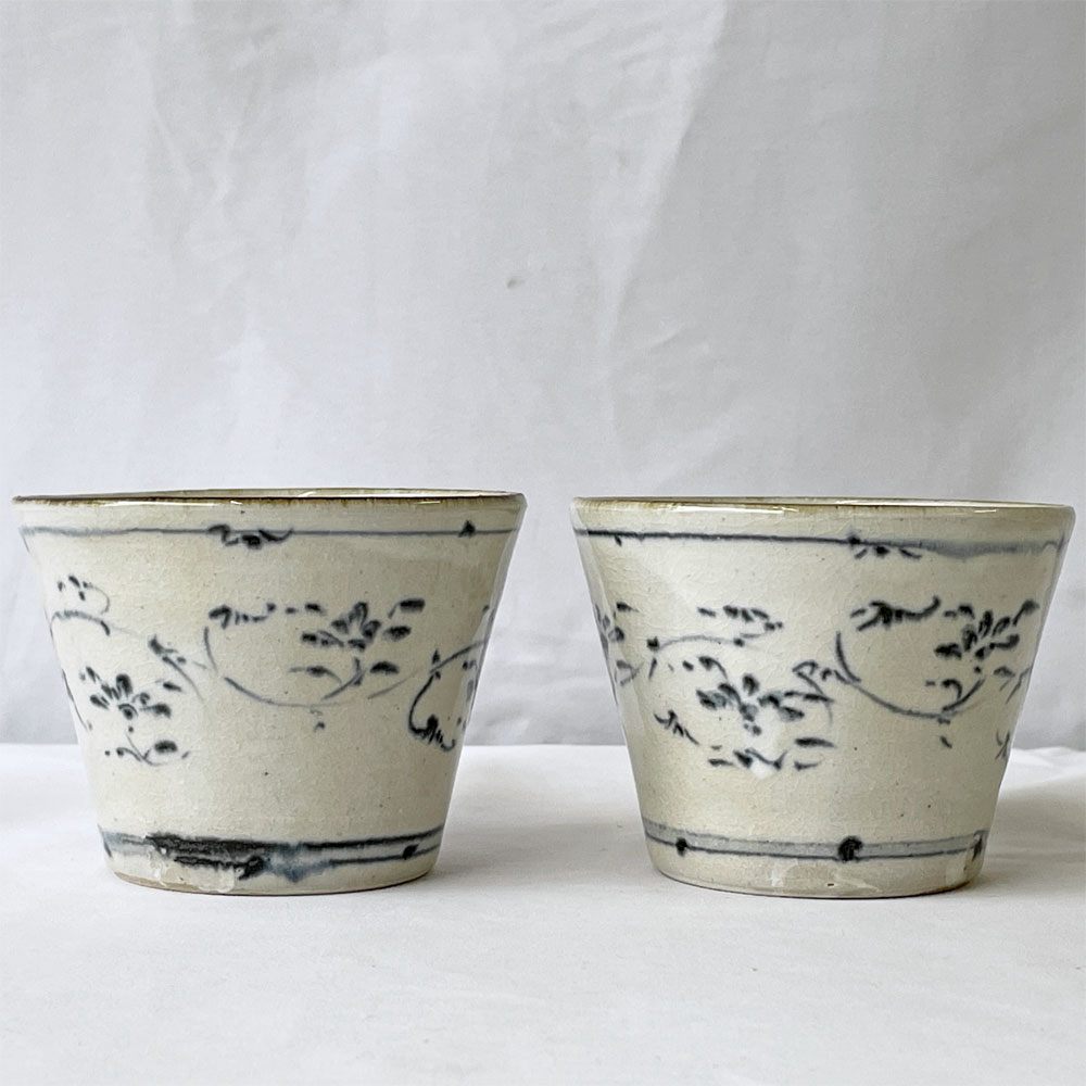 藤田佳三 染付猪口 そば猪口 フリーカップ 2客セット 陶器 植物 花 現代作家 ◇