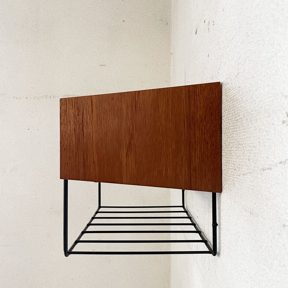 スウェーデンビンテージ Swedish Vintage チーク材 ウォールシェルフ 1ドロワー スチールワイヤーラック付 W34.5cm 壁掛け棚 北欧家具 ◎