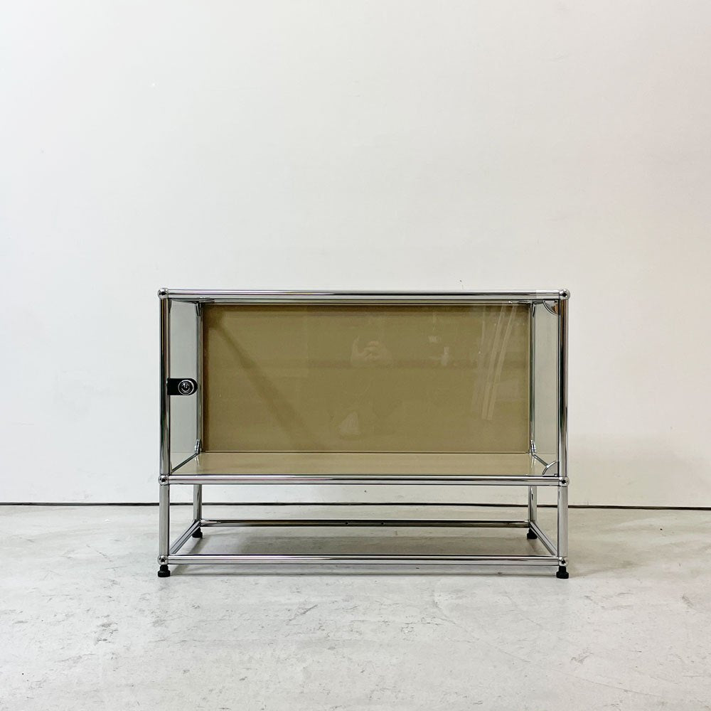 USMハラー USM Haller モジュラーファニチャー ハラーシステム ガラスキャビネット 1列2段 クリアガラス USMベージュ スイス 鍵付き ●