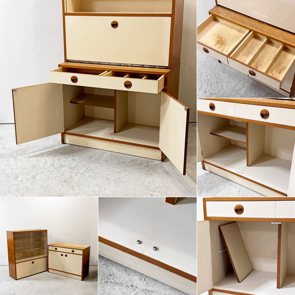 ジャパンビンテージ Japan Vintageチーク材 カップボード 食器棚 ガラス扉 抽斗2杯 アイボリー系カラー 昭和レトロ ●