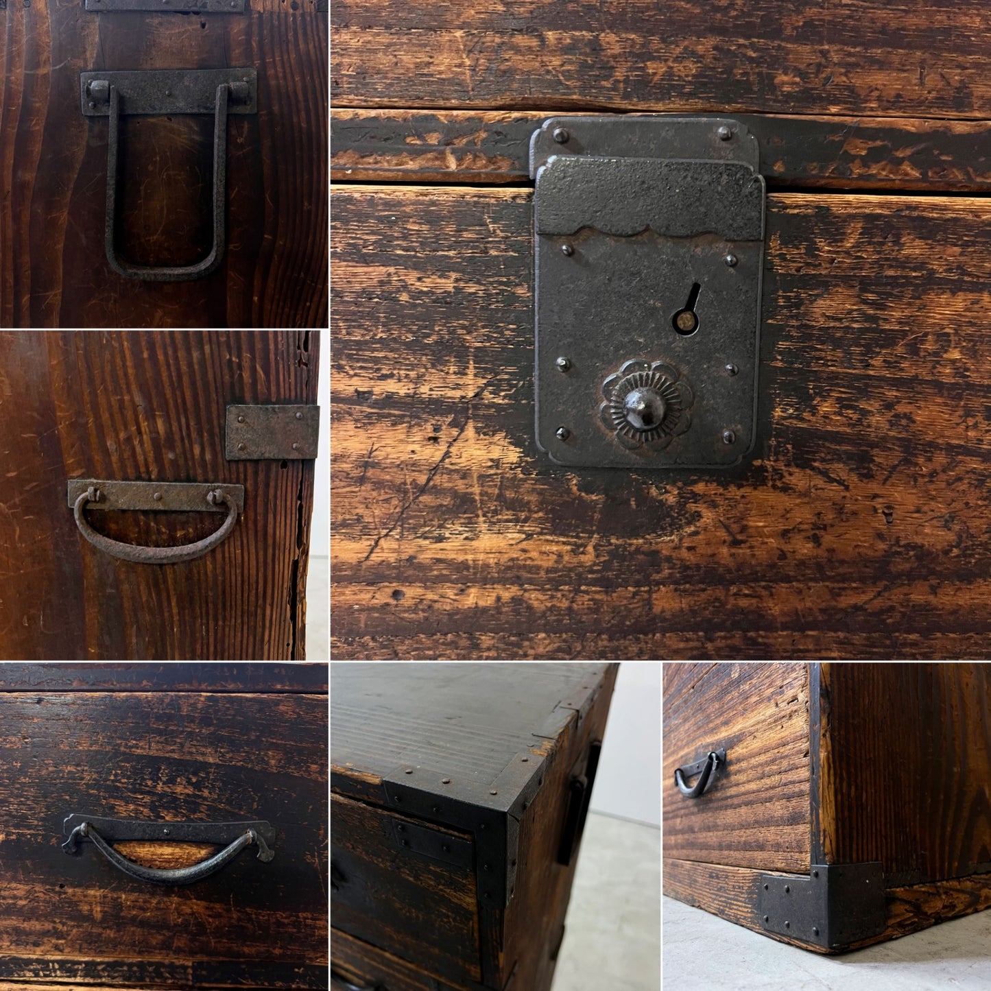 ジャパンビンテージ Japan Vintage 時代箪笥 桐箪笥 重ね 5段 抽斗5杯 鉄金具 整理箪笥 大極上請合 鍵圧細工 古家具 和家具 現状品 ●