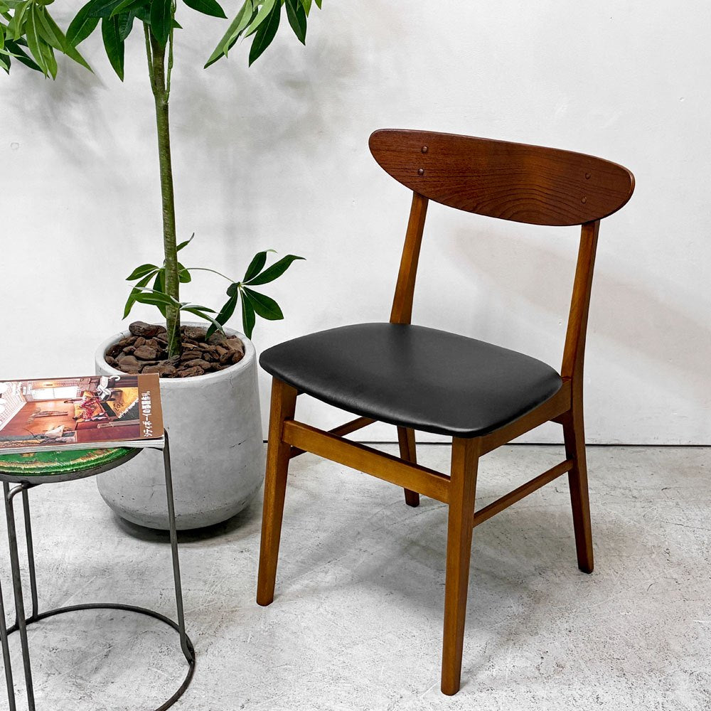 北欧ビンテージ Scandinavian Vintage チーク材 ダイニングチェア プライウッド 背もたれ ブラック PVCレザー 北欧家具 ●