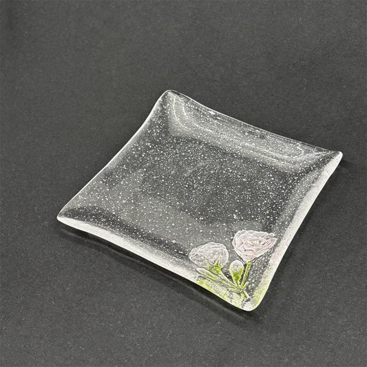 岡田多恵 ガラス 角皿 スクエアプレート パートドヴェール 花 14cm 現代作家 B ●