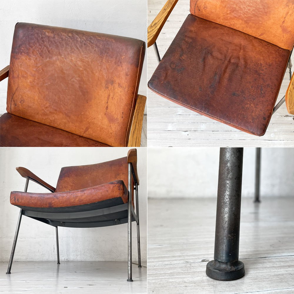 トラックファニチャー TRUCK FURNITURE ファロードレザー アームチェア FURROWED-LEATHER ARM CHAIR L-1 ブラウン ナラ無垢材 牛革 定価￥203.500- ★