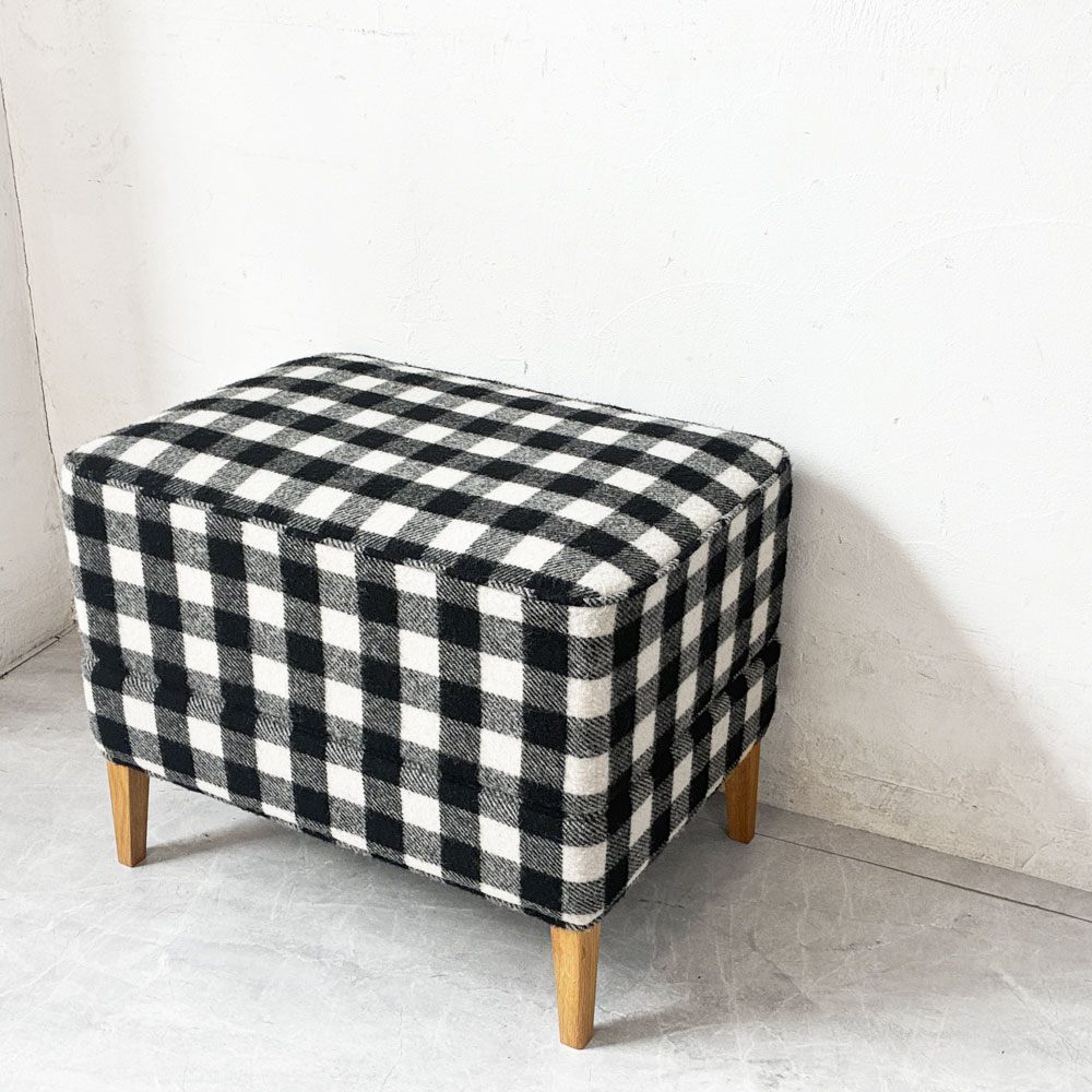 モーブレーワークス MOBLEY WORKS クラマス レッグレスト Klamath Leg Rest オットマンスツール ブロックチェック ブラック×ホワイト オーク材脚 鰤岡力也 美品 ★