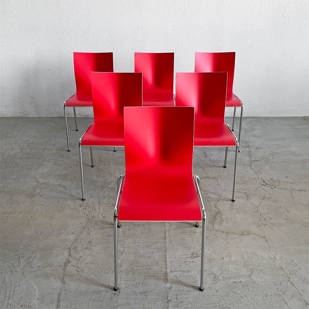 エンゲルブレヒト Engelbrechts チャリック CHAIRIK 101 スタッキングチェア 4本脚 バーチ材 レッド 6脚セット 専用トローリー付 エリック・マグヌッセン 未使用保管品 〓