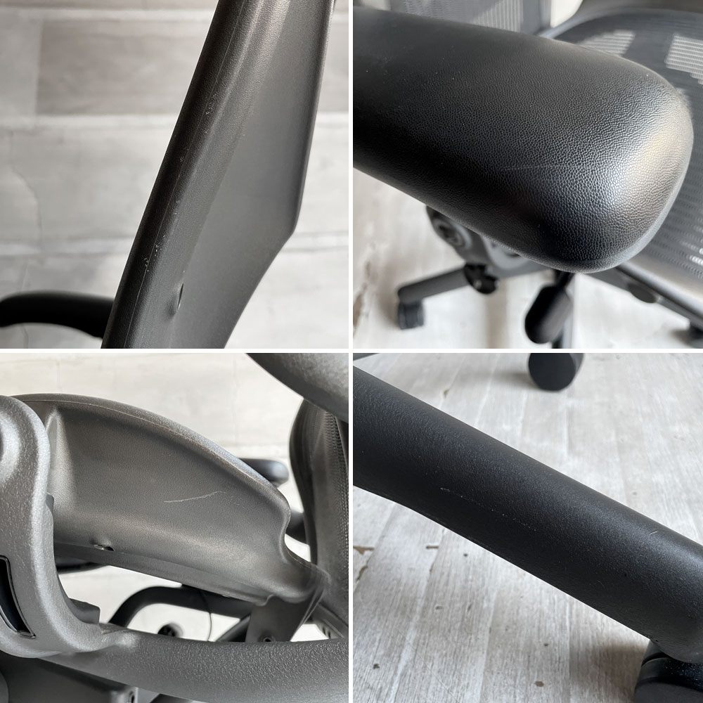 ハーマンミラー HermanMiller アーロンチェア ライト Bサイズ クラシックカーボンメッシュ ランバーサポート グラファイトベース アーム固定 ババナクッション新品 ♪
