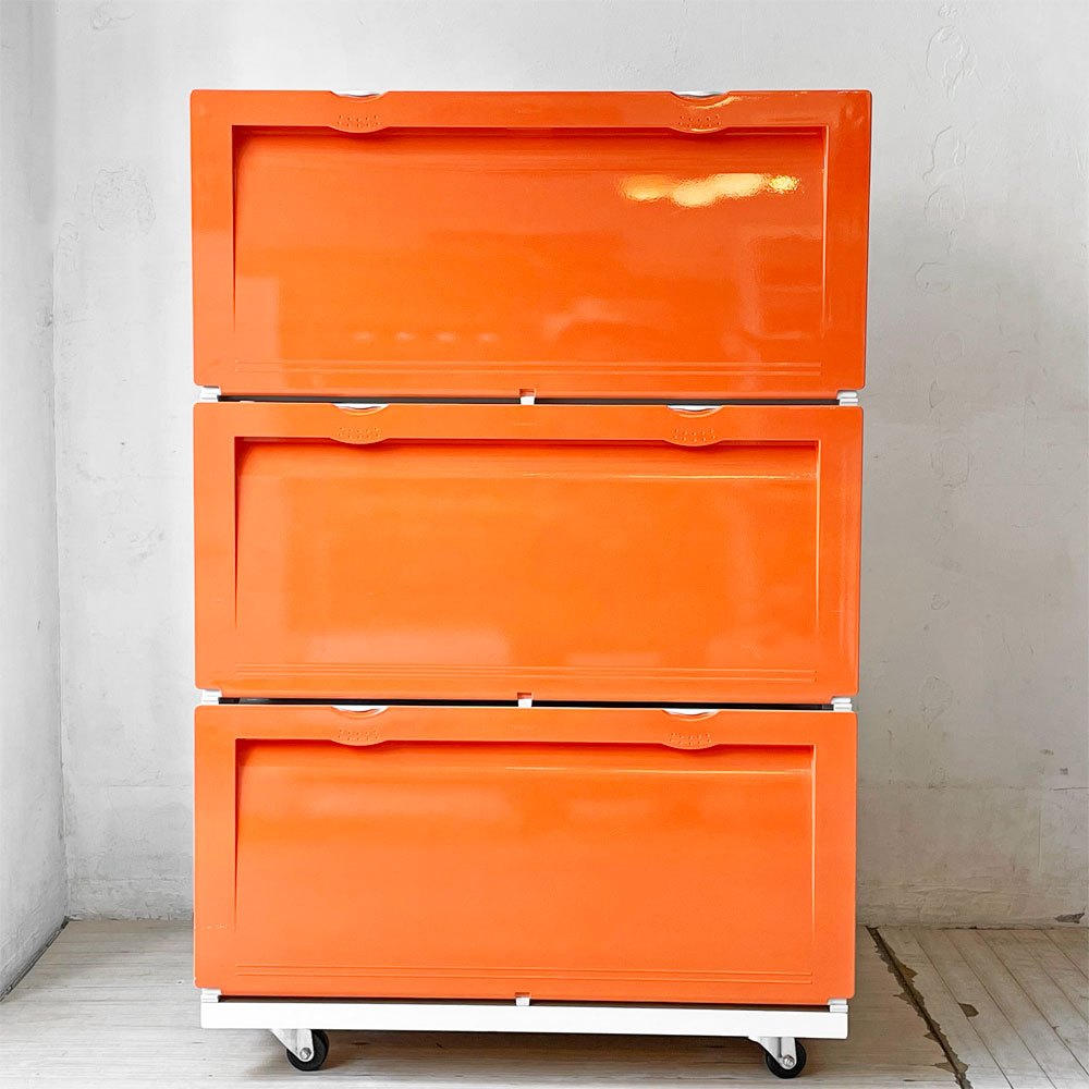 タッパーウェア Tupperware スーパーチェスト ワイド Super chest Wide 引出1段 オレンジ 3段セット 専用カート付 ★