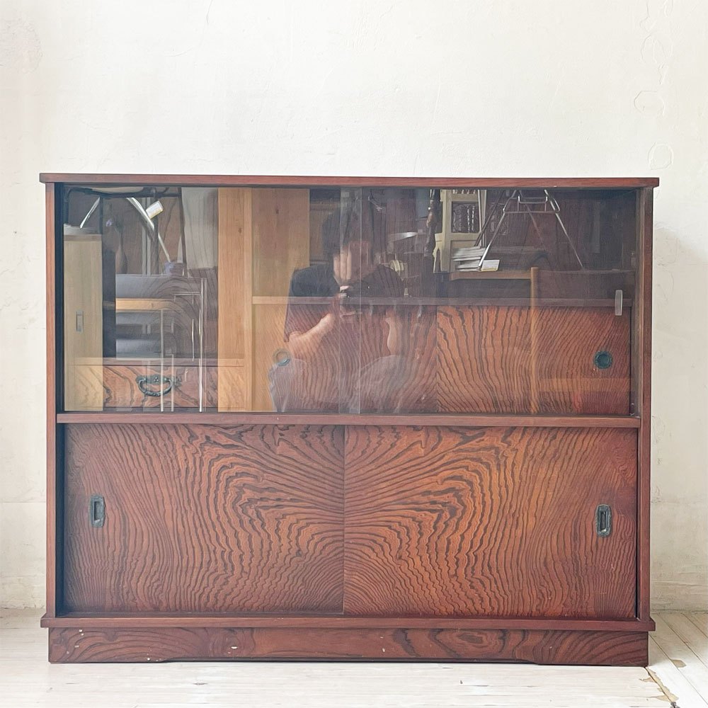 ジャパンビンテージ Japan Vintage 欅材 茶箪笥 引き戸ガラス 和家具 古家具 和家具 什器 ★