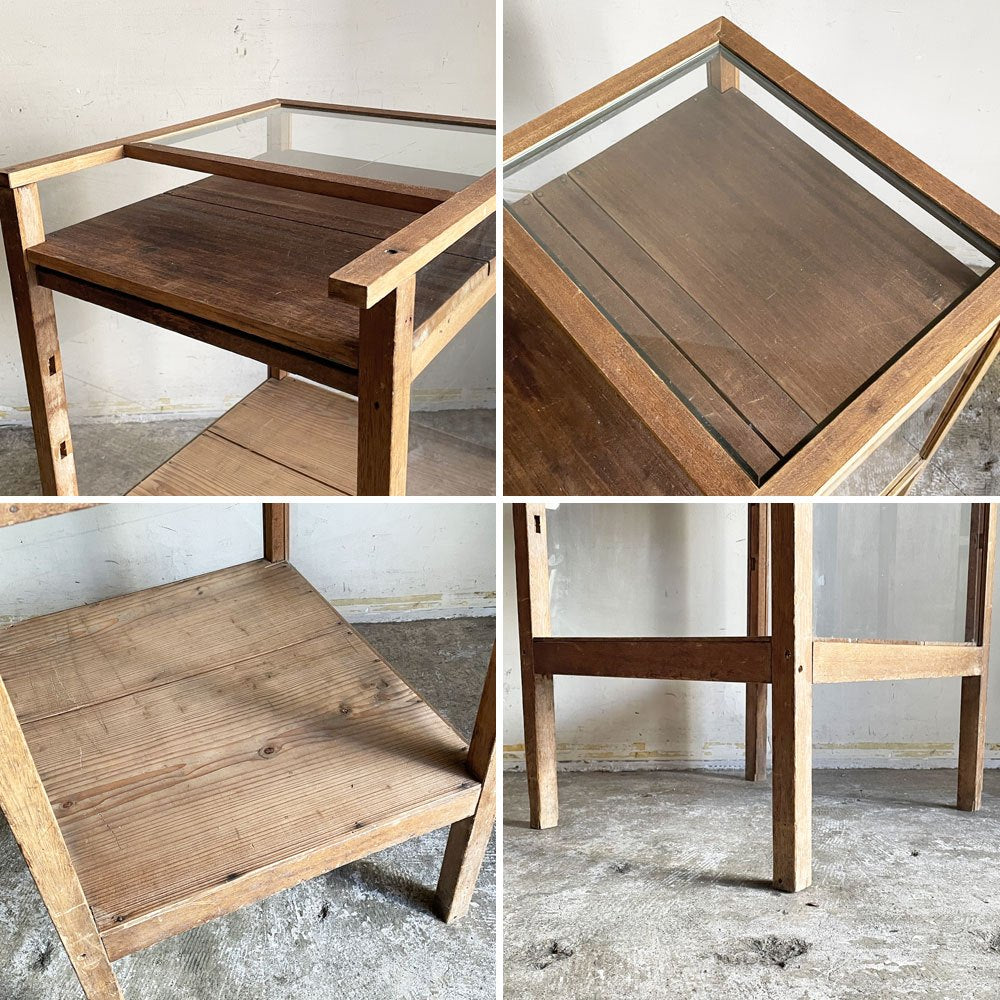 ジャパンビンテージ Japan Vintage 古い木味のガラスショーケース ディスプレイラック サイドケース 古家具 ■