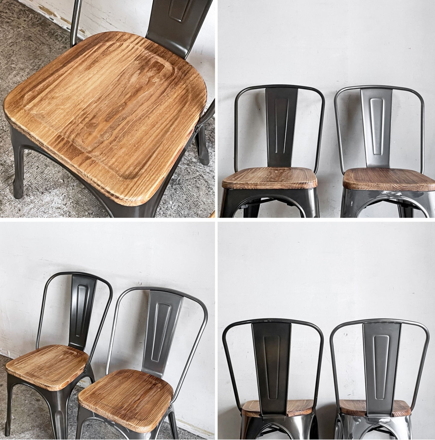 ビンテージスタイル Vintage Style ダイニングチェア スチール パイン材 ブラック × シルバー 2脚セット ■