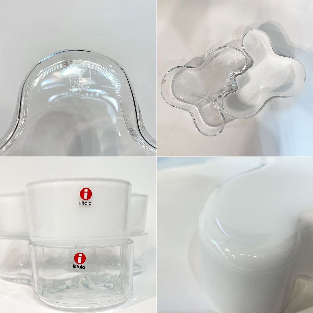 アルヴァ・アアルトコレクション Alvar Aalto Collection ボウル マルヤ malja クリア＆ホワイト 2個セット 小物容れ トレー Jyvaskyla刻印入り 限定版 廃番 ★