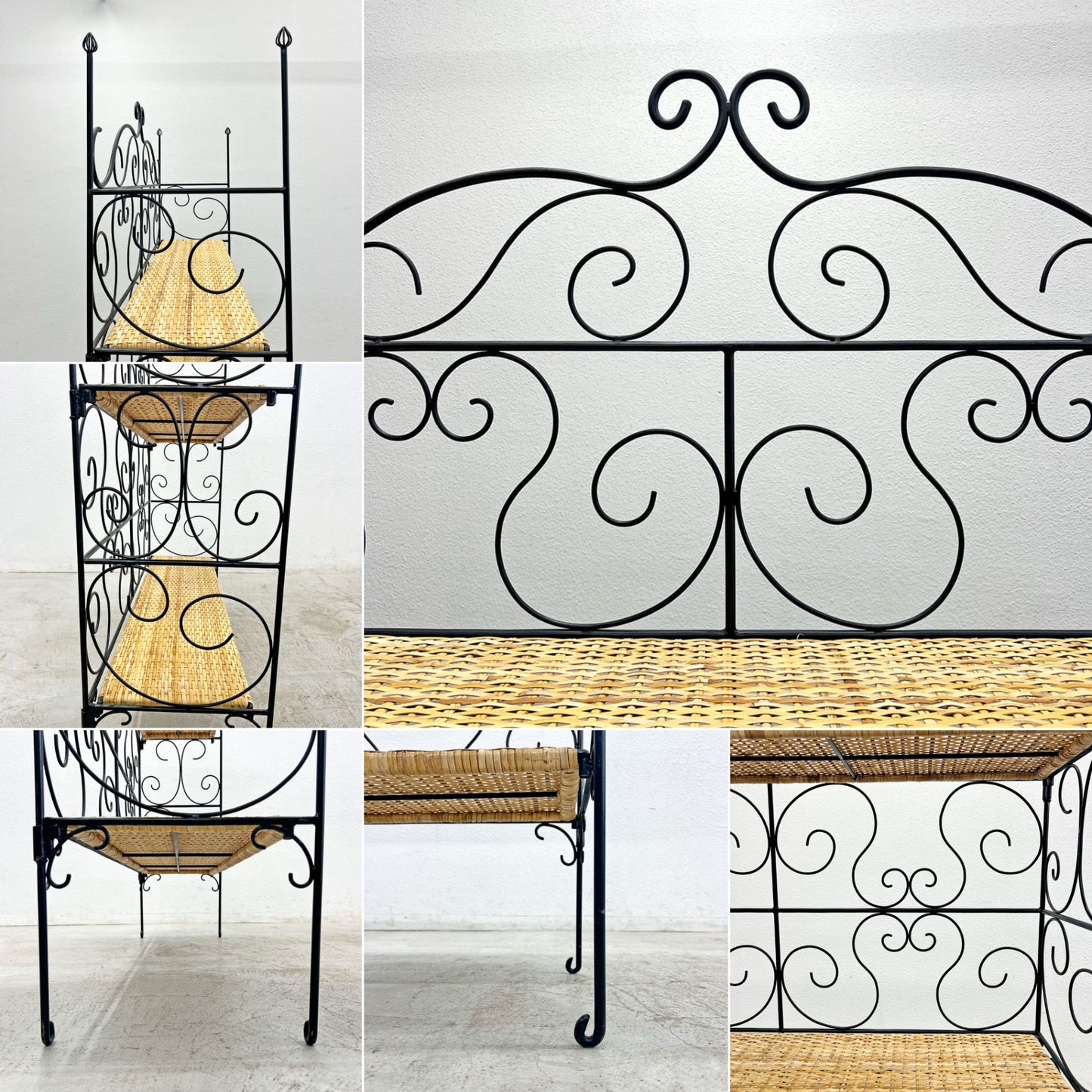 ロートアイアンｘラタン クラシカルデザイン シェルフ 3段 棚板着脱可能 フォールディング 折畳 籐 アンティーク調 店舗什器 〓