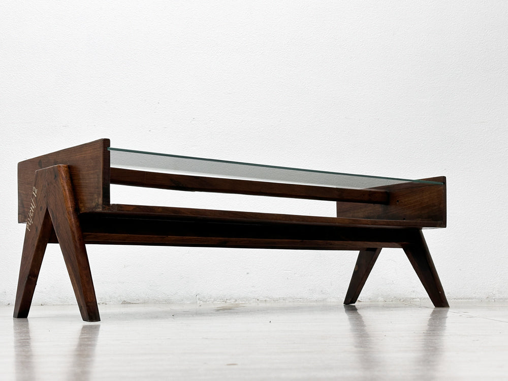 ピエールジャンヌレ Pierre Jeanneret コーヒーテーブル Coffee Table チーク無垢材 ガラス チャンディーガル レター有り 1960‘s ビンテージ PU/CH/-12 ●