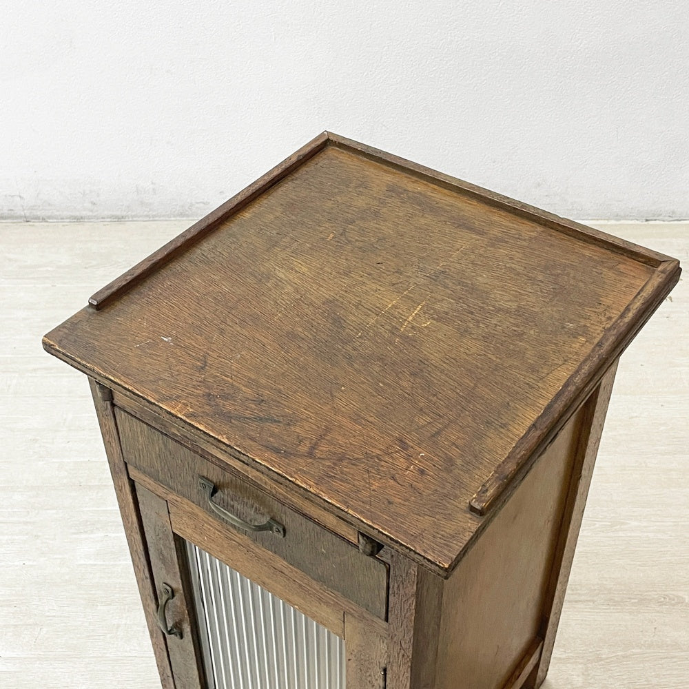 ジャパンビンテージ japan vintage 木製サイドキャビネット 電話台 抽斗 ベロ付き 波ガラス 古家具 レトロ ●