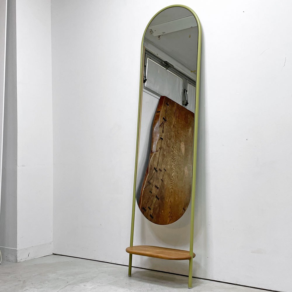 カカオ CACAO フルレングスミラー FULL-LENGTH MIRROR 壁掛け 鏡 姿見 ラック付き カリビアンウォールナット材 ピスタチオグリーン メキシコ ●