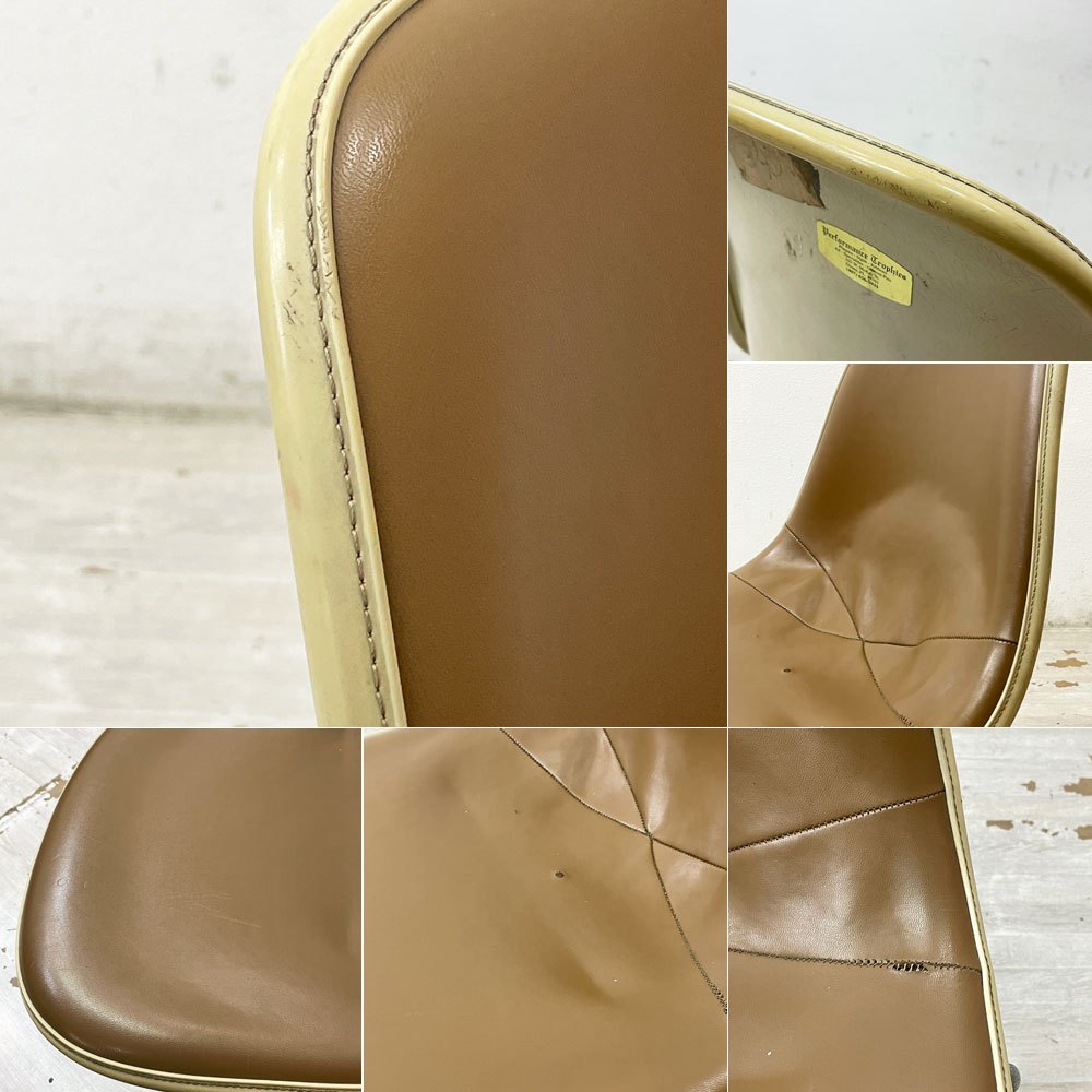 ハーマンミラー Herman Miller サイドシェルチェア セカンド 2nd FRP アプホルスター レザー スタッキングベース イームズ ビンテージ ●