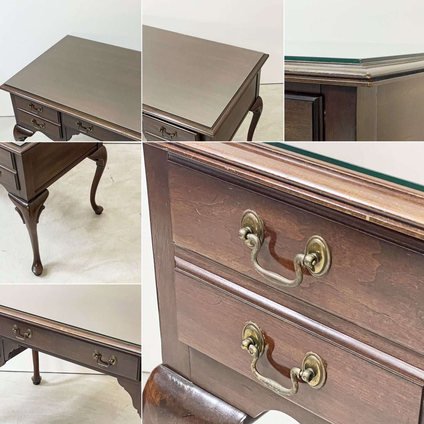 イーセンアーレン ETHAN ALLEN 両袖デスク 3ドロワー 猫脚 ガラス天板 クラシカルデザイン 米国家具 ●