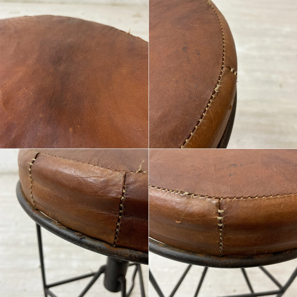 ビンテージ Vintage アイアン スツール レザー張り インダストリアルデザイン ●