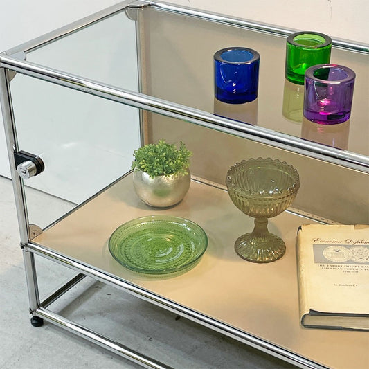 USMハラー USM Haller モジュラーファニチャー ハラーシステム ガラスキャビネット 1列2段 クリアガラス USMベージュ スイス 鍵付き ●