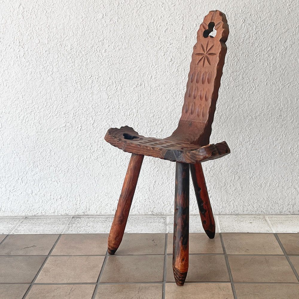 ビンテージ Vintage スパニッシュスツール シェファードチェア Bathing Chair パイン無垢材 木彫 プリミティブ ◇