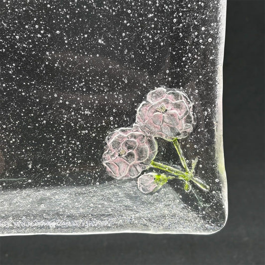 岡田多恵 ガラス 角皿 スクエアプレート パートドヴェール 花 14cm 現代作家 A ●