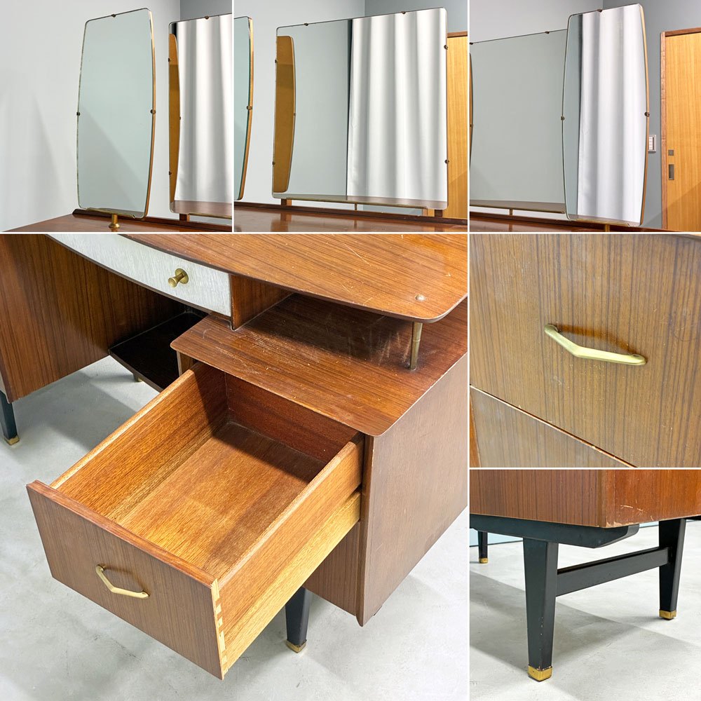 ライムライトファニチャー Limelight furniture ドレッサー ドレッシングテーブル UKビンテージ ミッドセンチュリー ３面鏡 ゴールド装飾 メラミン ◎
