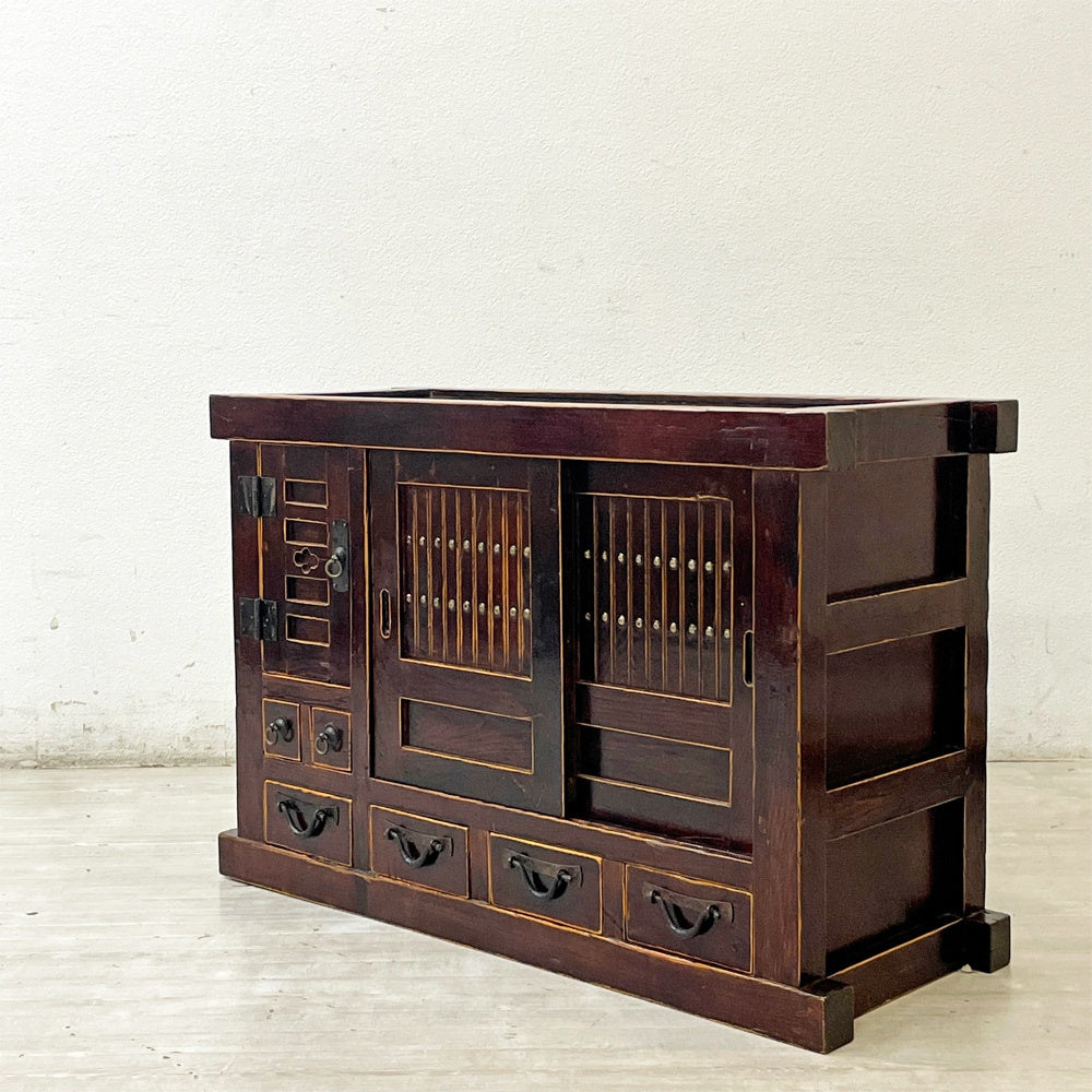 ジャパンビンテージ Japan Vintage 水屋箪笥 時代箪笥 抽斗6杯 開き戸 引き戸 W90cm 小型箪笥 和箪笥 チェスト 和家具 古家具 ●