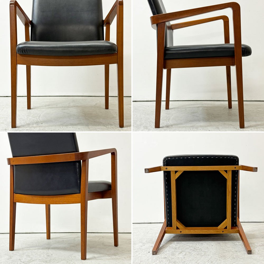 ジャパンビンテージ チーク材 アームチェア ダイニングチェア ブラック レザー ミッドセンチュリーデザイン B ●