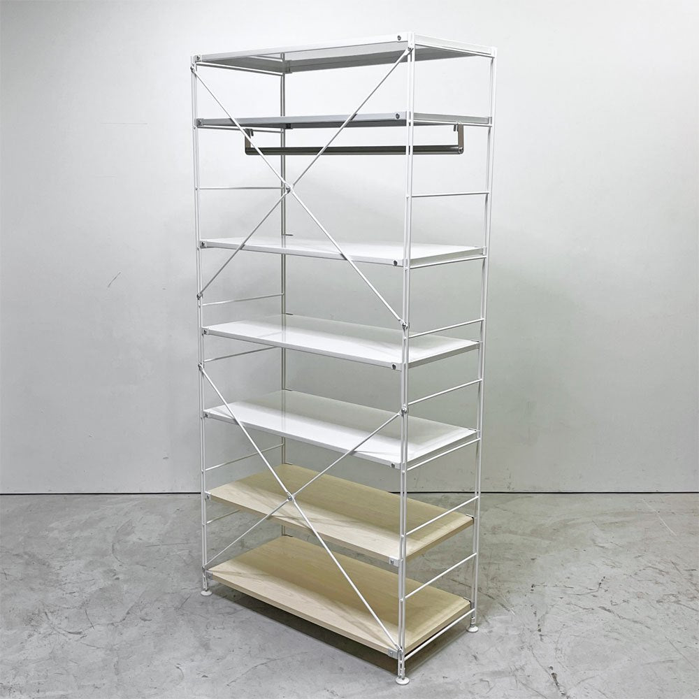 無印良品 MUJI スチールユニットシェルフ ワイド W86×H175cm 7段 スチール棚板 化粧板棚板 ホワイト×ナチュラル ワードローブバー付き ●