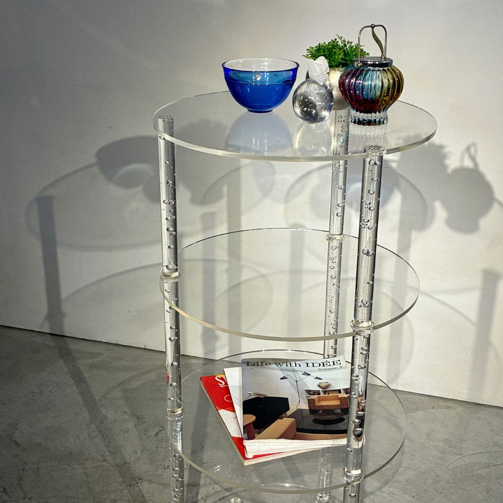 モダンデザイン Modern Design ラウンドシェルフ  アクリル製 気泡入りアクリル クリア キャスター付  Φ49.5 H109 店舗什器 ●