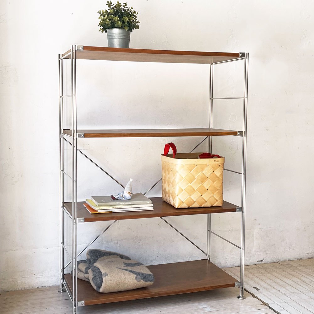 無印良品 MUJI ステンレスユニットシェルフ ウォールナット材 中 W58 × H120cm 1列4段 本棚 飾り棚 収納棚 定価29,900円 ★